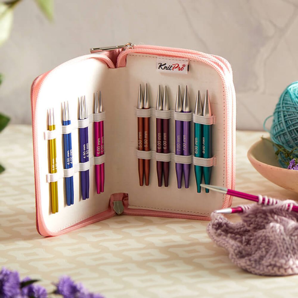 Набор укороченных съемных спиц Knit Pro Zing Deluxe Set, алюминий, 8 видов спиц (новый дизайн 47409), 47425