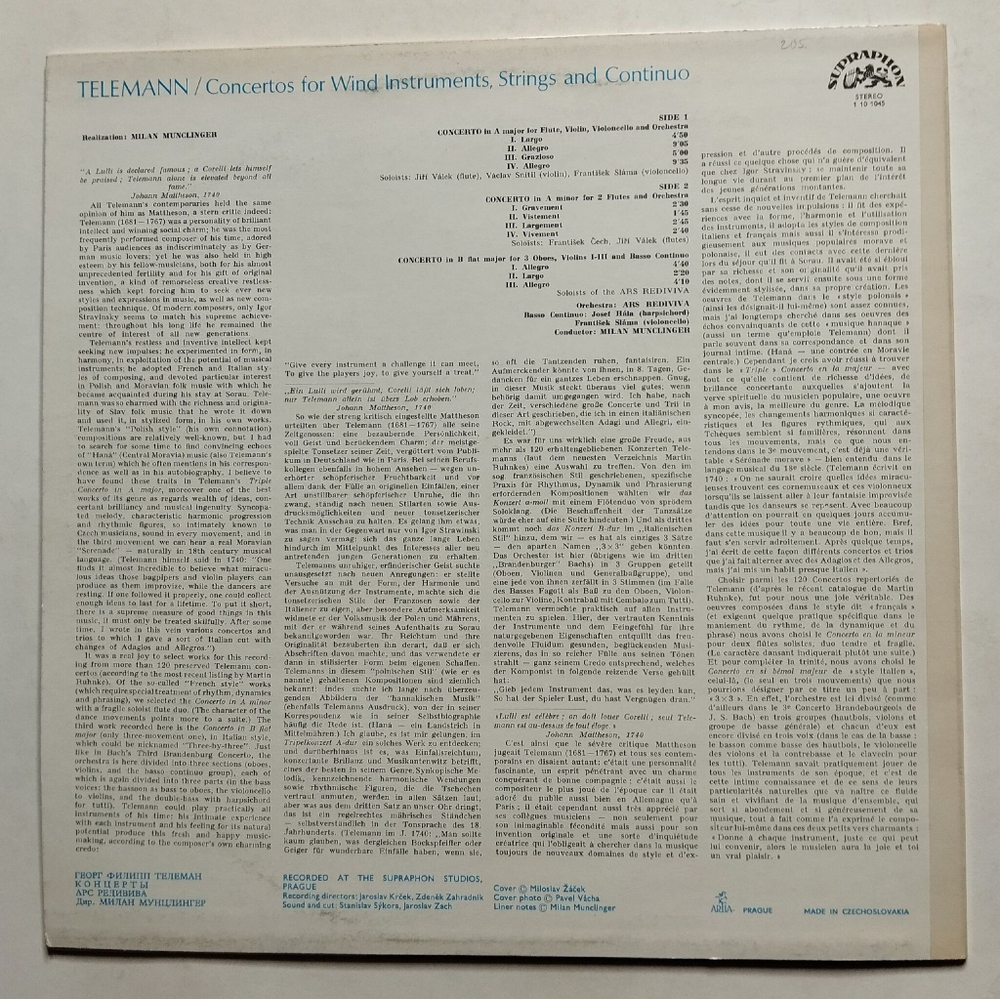Винтажная виниловая пластинка LP Telemann Ars Rediviva, Milan Munclinger Concertos For Wind Instruments, Strings And Continuo (Чехословакия 1973)
