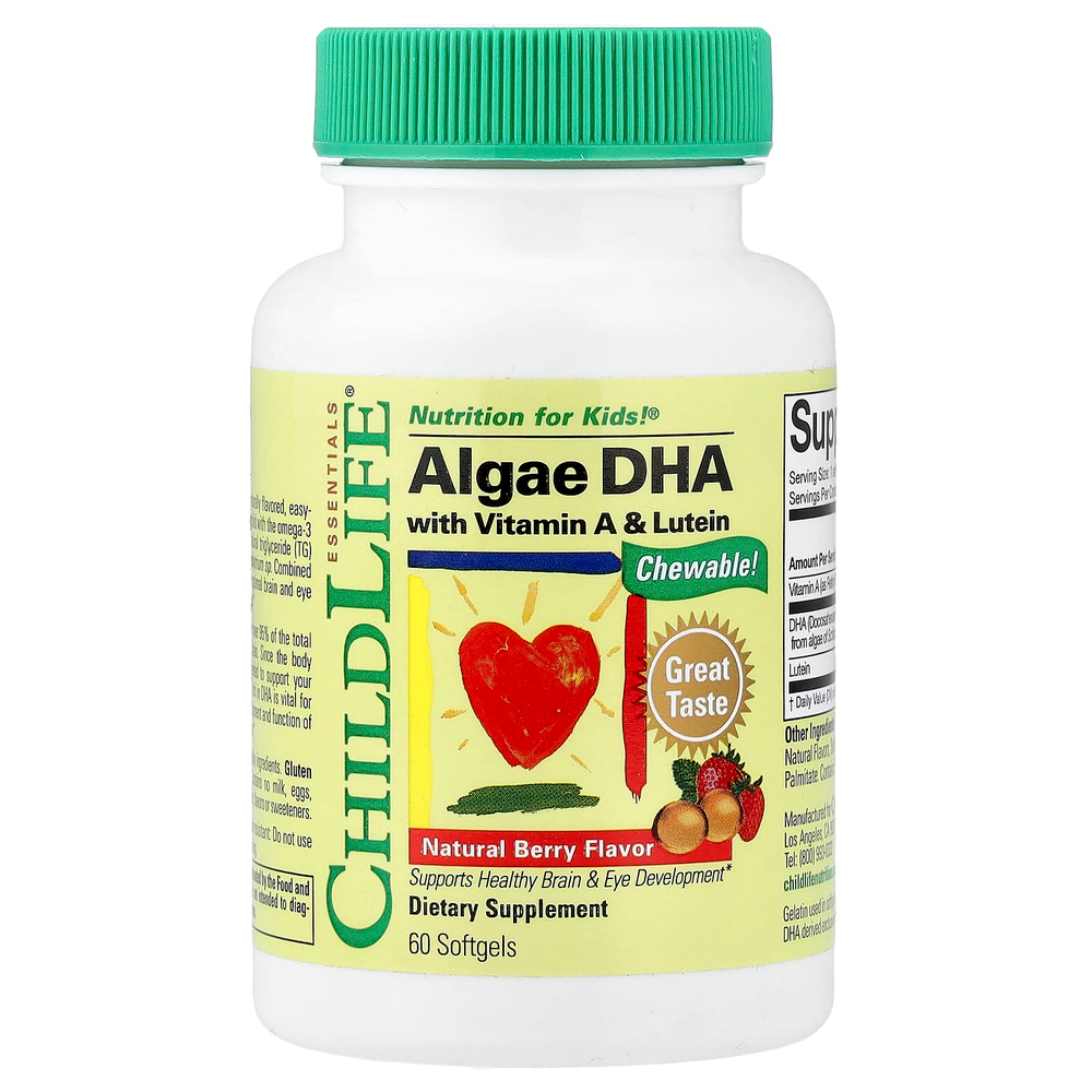 ChildLife Essentials, ДГК из водорослей с витамином А и лютеином, натуральные ягоды, 60 мягких таблеток