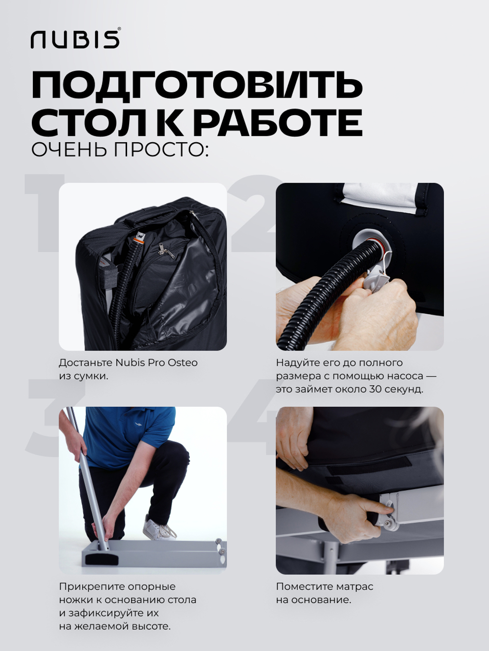 Комплект: переносной массажный стол NUBIS PRO OSTEO с электрическим насосом дополнительным усиленным каркасом, темно-голубой.