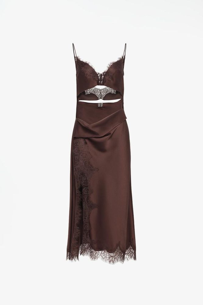 ZARA X JOHN GALLIANO АТЛАСНОЕ ПЛАТЬЕ С КРУЖЕВНЫМИ ВСТАВКАМИ LIMITED EDITION, КОРИЧНЕВЫЙ