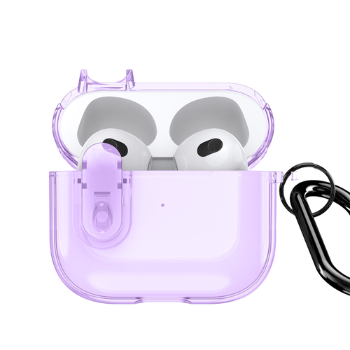 Прозрачный чехол фиолетовый для наушников AirPods 3, серия PECL Series от Dux Ducis, в комплекте с карабином