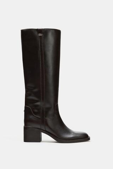 ZARA КОЖАНЫЕ ЖАКЕЙСКИЕ САПОГИ, КОРИЧНЕВЫЙ