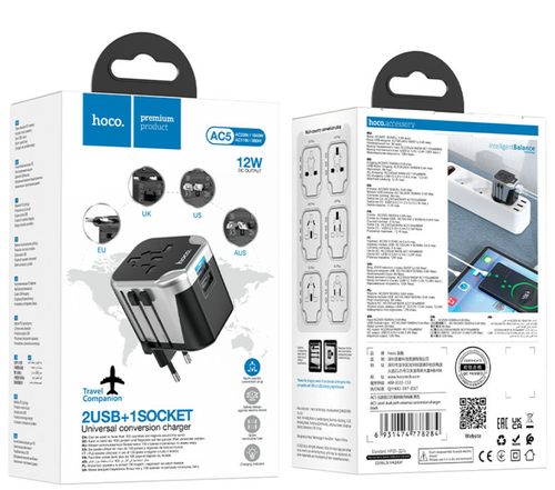 Зарядное устройство для всех стран мира Hoco AC5 Travel Companion, 2USB+1розетка Черный