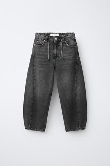 ZARA ДЖИНСЫ BARREL СО ШНУРКОМ, ТЕМНО-СЕРЫЙ