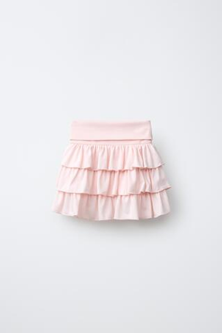 ZARA ЮБКА-ШОРТЫ С ВОЛАНАМИ И ОТВОРОТАМИ, ПАСТЕЛЬНО-РОЗОВЫЙ