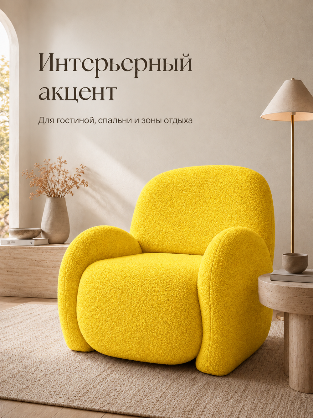 Кресло интерьерное для отдыха Фантазёр Nubo, мягкое широкое, букле L-6, желтое