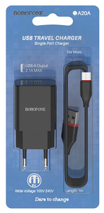 Зарядное сетевое с кабелем MicroUSB 1-метр 2.1А BOROFONE BA20A