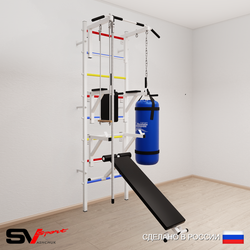 Шведская стенка Sv Sport усиленная 6963 (Турник стандарт/Брусья/Стойка/Скамья/Канат/Трапеция/Цепь/Мешок 30кг)