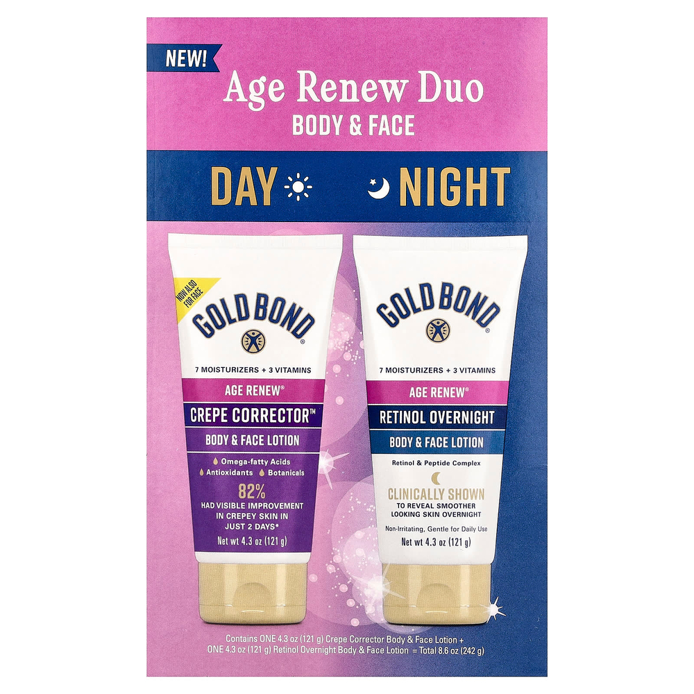 Gold Bond, Age Renew® Duo, дневной и ночной лосьон для тела и лица, 2 флакона по 121 г (4,3 унции)