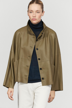 Massimo Dutti Укороченная куртка из кожи наппа с высоким воротником, хаки