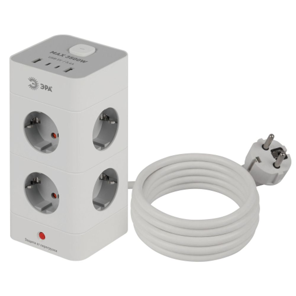 Сетевой фильтр ЭРА TWR-8es-1,5m-4USB-W башня с защитой заземлением с выключателем 8 розеток+4xUSBA+C 1,5м 16А белый | Электротовары
