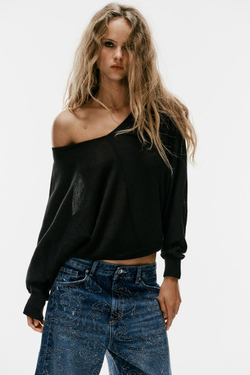 ZARA ДЖИНСЫ TRF BAGGY FIT СО СРЕДНЕЙ ПОСАДКОЙ И СТРАЗАМИ, СИНИЙ