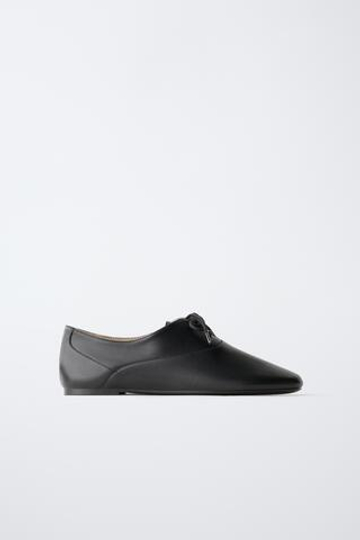 ZARA КОЖАНЫЕ ТУФЛИ-ДЕРБИ СО ШНУРОВКОЙ, ЧЕРНЫЙ