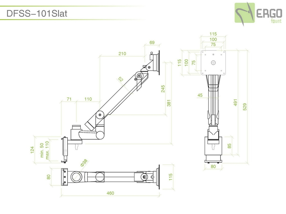 ErgoFount DFSS-101Slat Шарнирное крепление для монитора диагональю до 27'' с газово-пружинным амортизатором на перегородку. Цвет - серебристый
