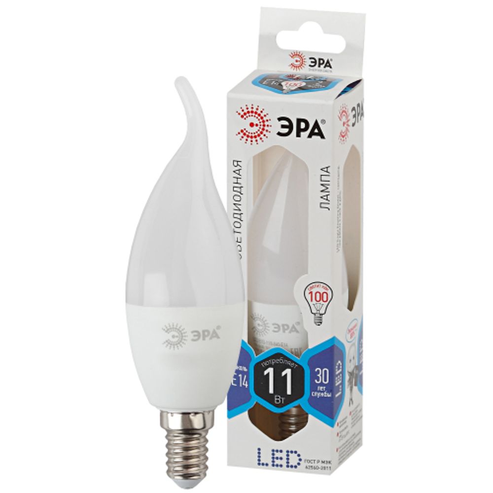 Лампа светодиодная ЭРА STD LED BXS-11W-840-E14 11Вт свеча на ветру нейтральный белый свет Е14 | Лампы cветодиодные Свеча (B/C)