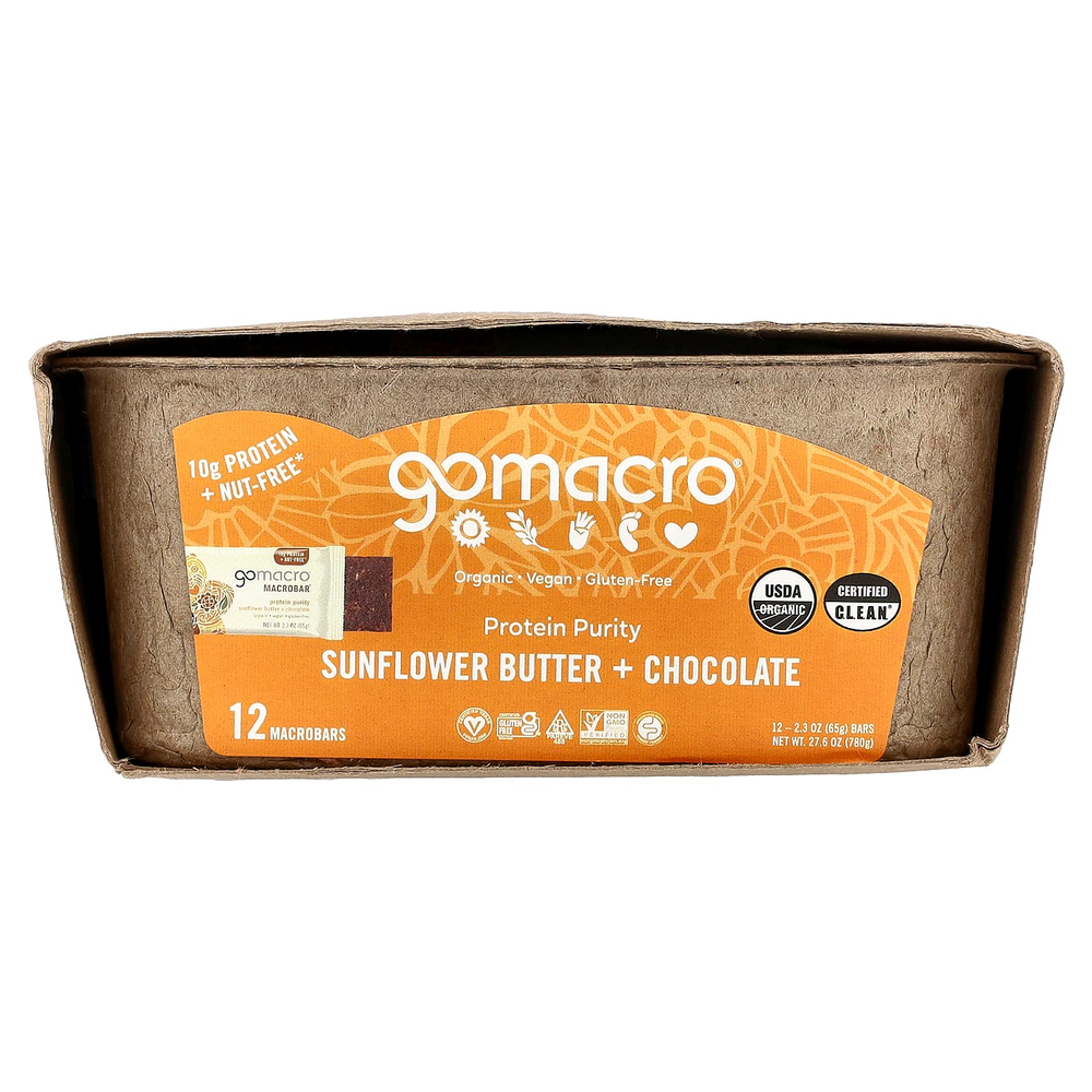 GoMacro, MacroBar®, протеиновый батончик, подсолнечное масло и шоколад, 12 батончиков по 65 г (2,3 унции)
