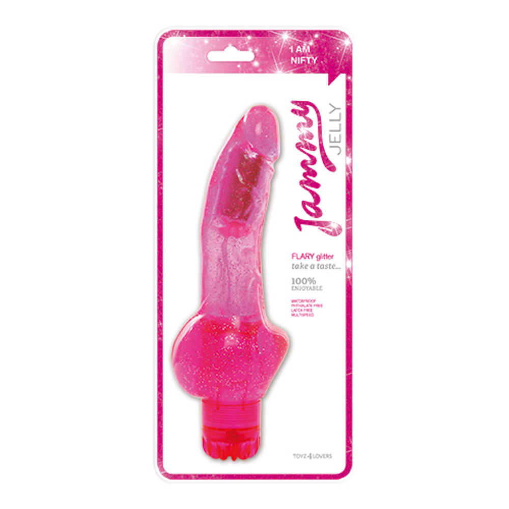 Розовый вибратор с блёстками VIBRATOR JAMMY JELLY FLARY GLITTER - 22 см. (Цвет: розовый)
