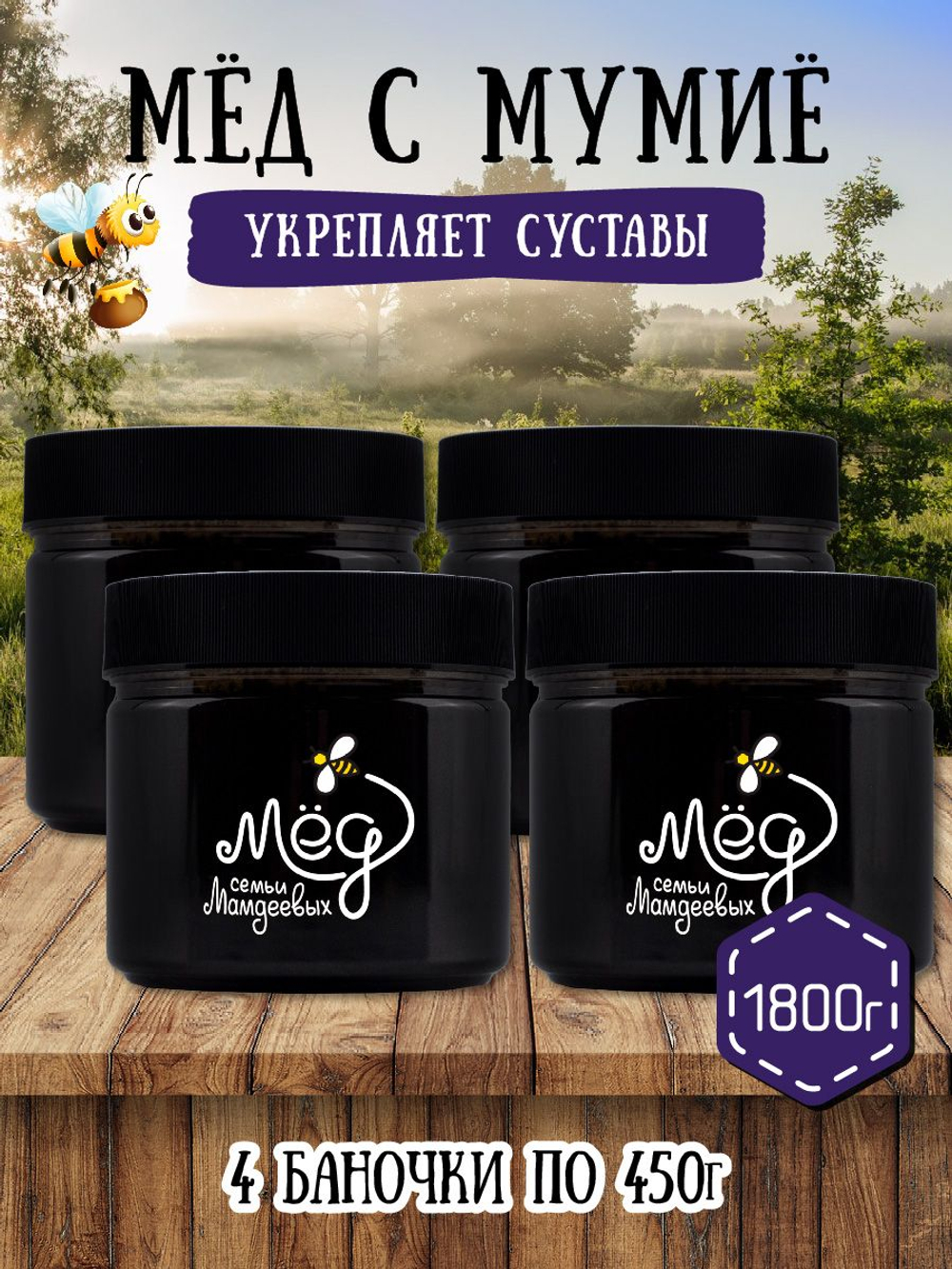 Мёд натуральный с мумие набор (4 банки по 450 г), 1800 г