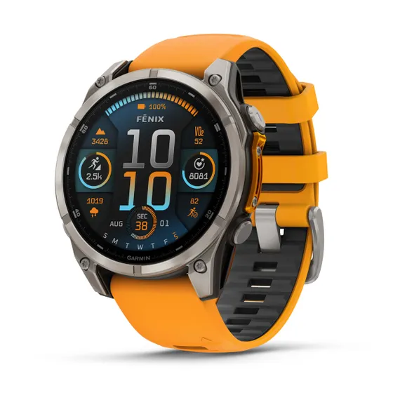 Fenix 8 - 47 мм, AMOLED, Sapphire, Titanium (светло-серый, оранжевый силиконовый ремешок)