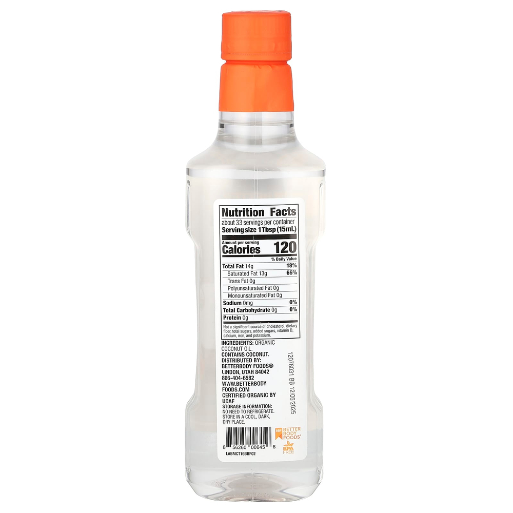BetterBody Foods, органическое кокосовое масло MCT, 500 мл (16,9 жидк. унции)