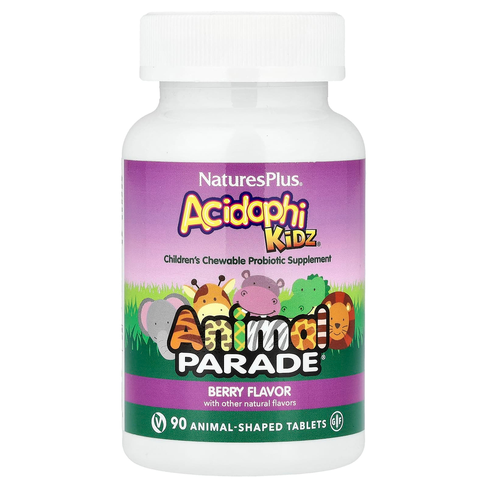 NaturesPlus, Animal Parade® AcidophiKidz®, для детей жевательный пробиотик, с ягодным вкусом, 90 таблеток в форме животных