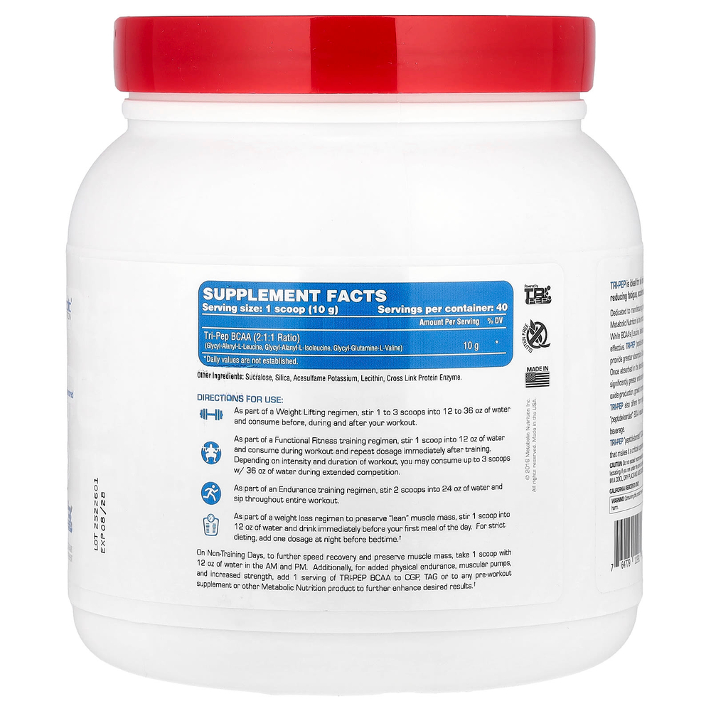 Metabolic Nutrition, Tri-Pep®, аминокислоты с разветвленной цепью, без добавок, 400 г