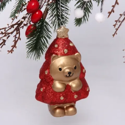 Ёлочная игрушка «Медвежонок-ёлочка» 7,5*5*12 см, красный