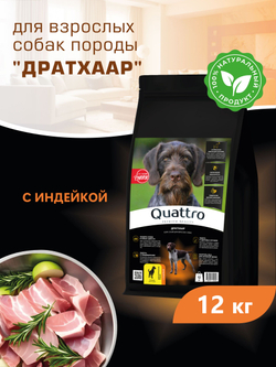 Корм сухой для взрослых собак породы Дратхаар, премиум полнорационный комплекс, с индейкой, 12 кг, QUATTRO