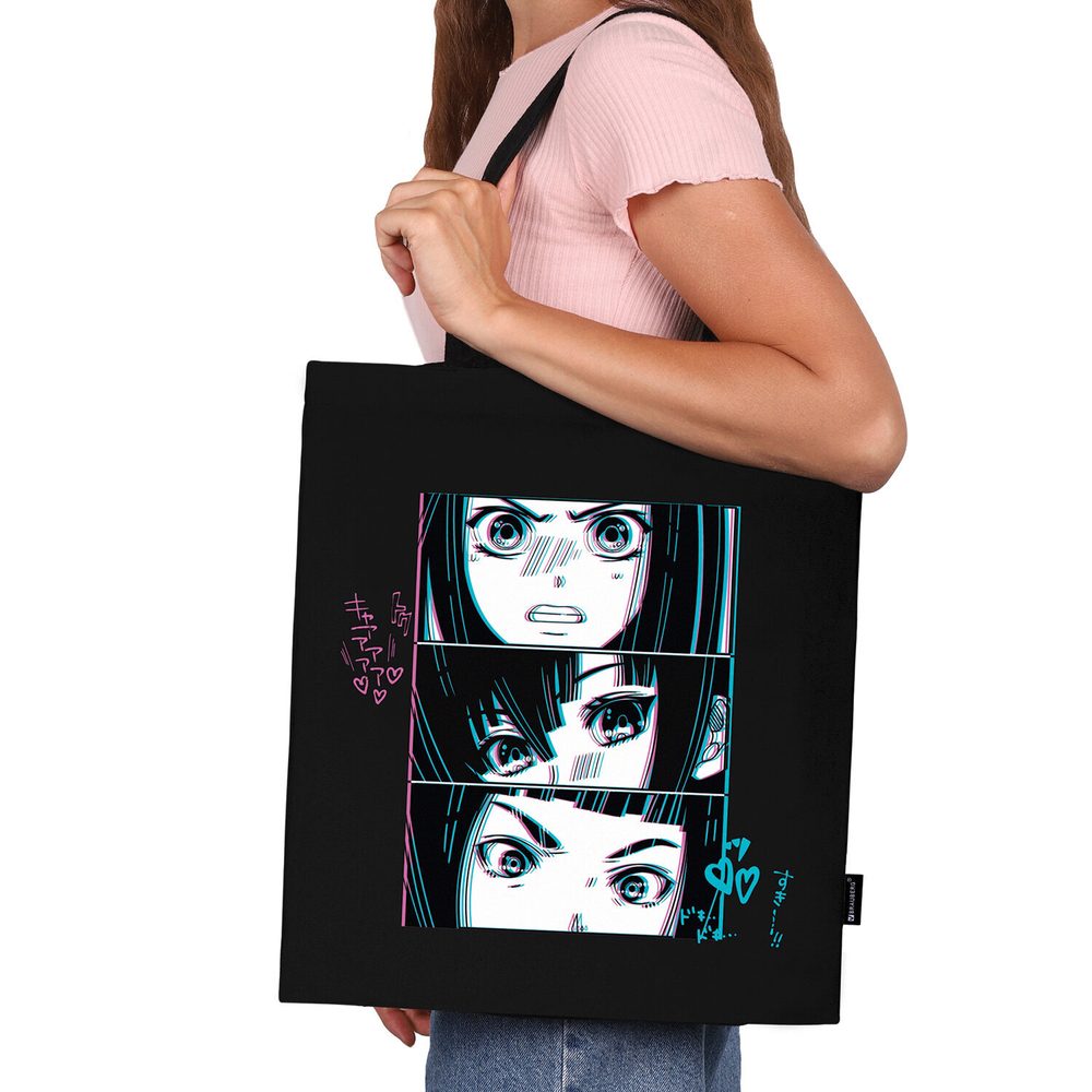 Сумка шоппер BRAUBERG PREMIUM, канвас, 40×35 см, на кнопке, карман, черный, «Anime face».