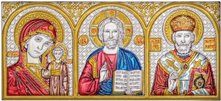 Спаситель, Казанская БМ, Николай Чудотворец, триптих, эмаль, 34х77
