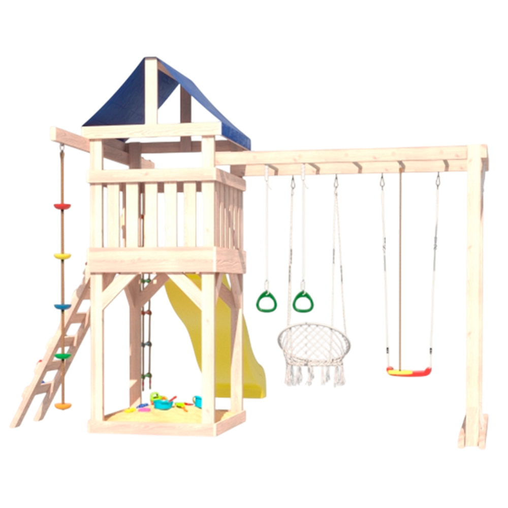 Детская площадка неокрашенная Fun Land с модулем сетка-рукоход, подвесным креслом и качелями