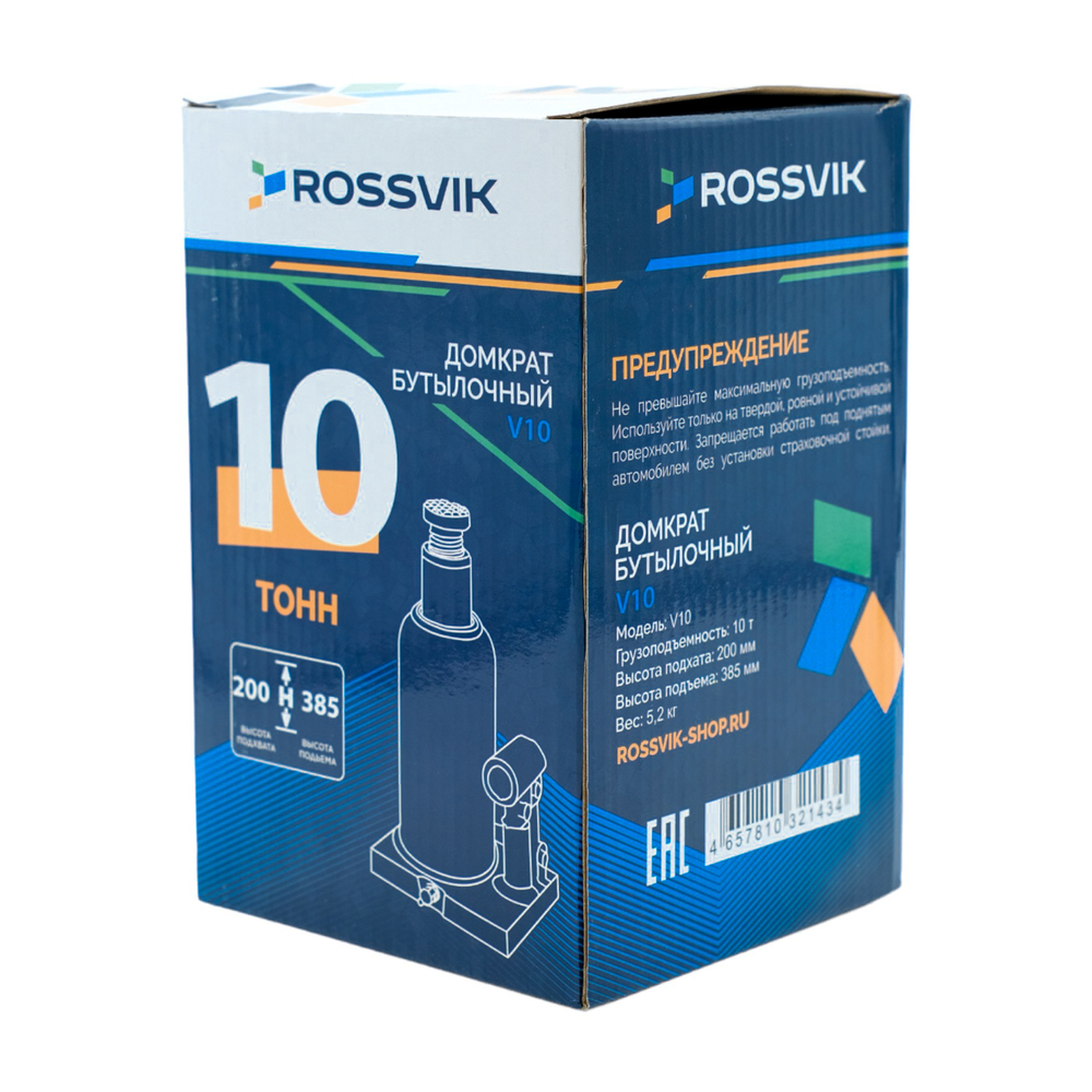 Домкрат бутылочный ROSSVIK V10, г/п 10,0 т, 200-385 мм, синий