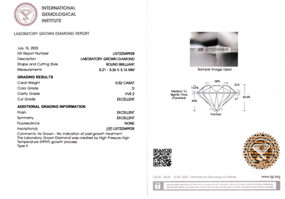 Лабораторно-выращенный бриллиант Кр-57 5.21-5.26 мм D/VVS2 0.52 ct