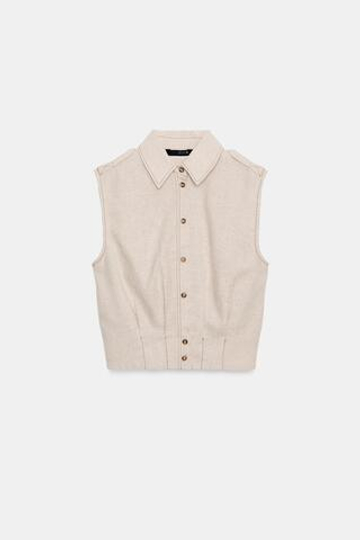 ZARA ТОП ИЗ ЛЬНА С КОНТРАСТНОЙ СТРОЧКОЙ, СВЕТЛО-БЕЖЕВЫЙ