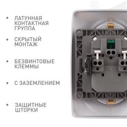 Розетка ЭРА Серия 12 12-2108-03 2X2P+E Schuko со шторками 16A-250В IP20 алюминий | Эра 12
