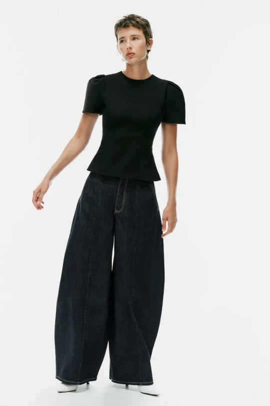ZARA ТОП С ОБЪЕМНЫМИ РУКАВАМИ, ЧЕРНЫЙ