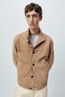 Massimo Dutti Куртка из нубуковой кожи с воротником-стойкой, бежевый