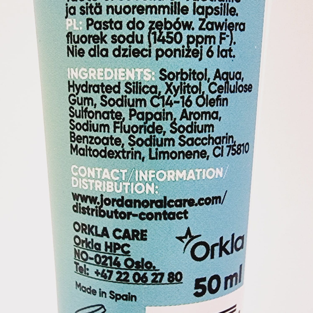 Отбеливающая зубная паста Jordan Tastepaste Fresh Mint с фтором со вкусом свежей мяты 50 мл (из Финляндии)