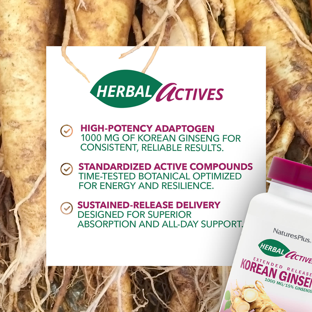 NaturesPlus, Herbal Actives, корейский женьшень, пролонгированное высвобождение, 1000 мг, 30 таблеток
