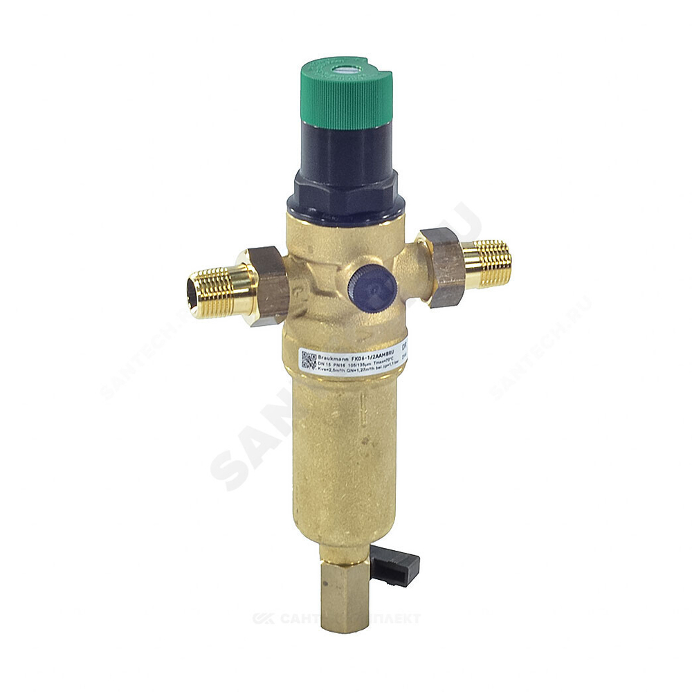 Фильтр сетчатый T-образный латунь Ду 15 Ру25 Тмакс=70 oC G1/2" НР FK06 с выходом под манометр с регулятором давления с краном Honeywell-Braukmann FK06-1/2"AAM
