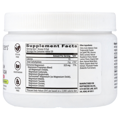 BIOptimizers, Magnesium Breakthrough, малиновый лимонад, 134 г (4,7 унции)