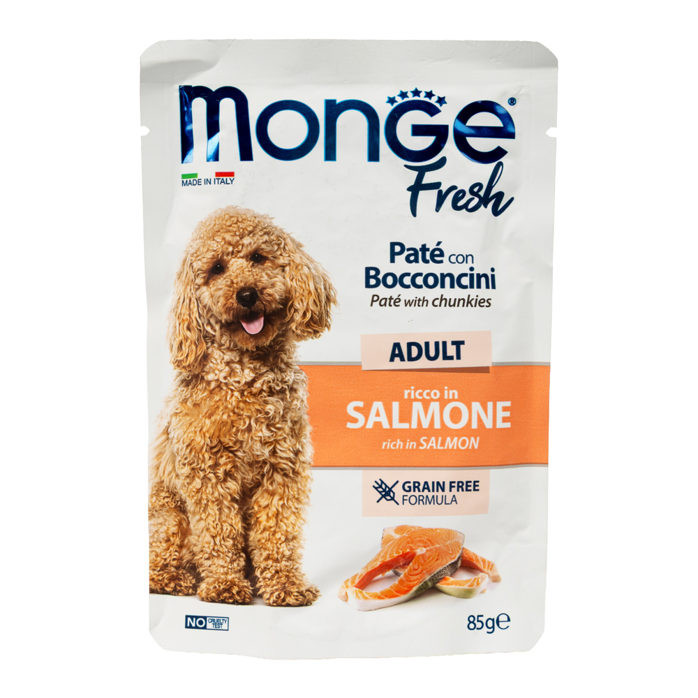 Влажный корм Monge Dog Fresh для взрослых собак паштет с кусочками лосося паучи 85 г