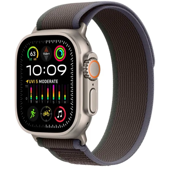 Часы Apple Watch Ultra 2, 2024, 49 мм, титан натурального цвета, ремешок Trail цвета «синий/чёрный»