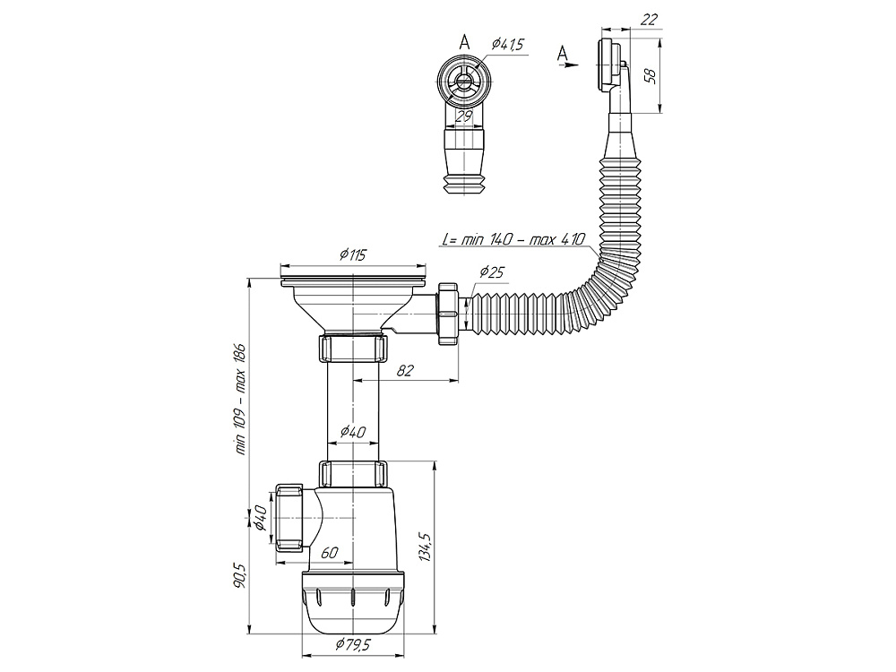 Сифон д/мойки A0142S (3 1/2"*40) с круг.перел.гиб. (АниПласт)