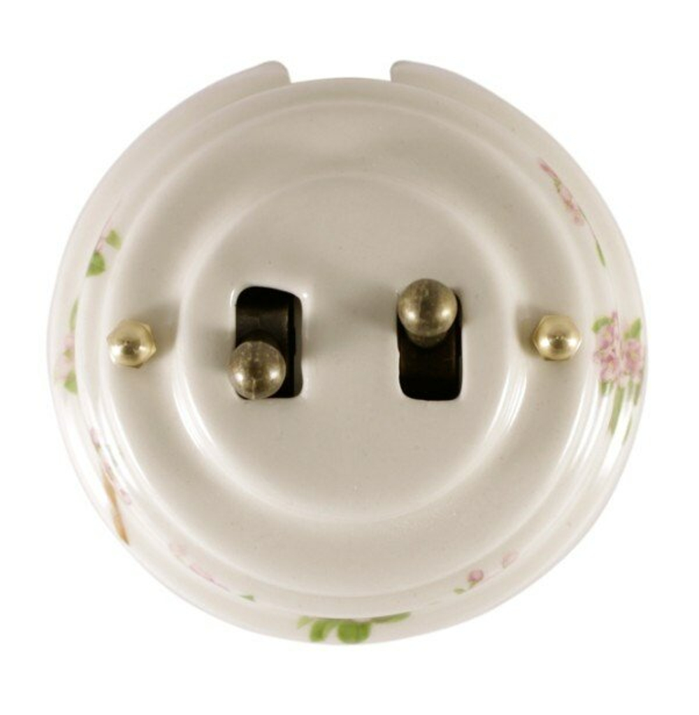 Двухтумблерный ретро выключатель фарфоровый розовые цветы Leanza Fiori Rosa ВР2Р / 2 группы света
