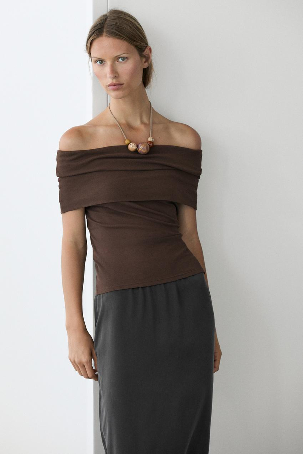 Massimo Dutti Хлопковый топ с открытыми плечами, коричневый