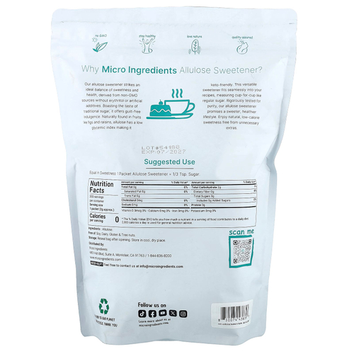 Micro Ingredients, подсластитель "аллюлоза", 300 пакетиков, по 2 г (0,07 унции)