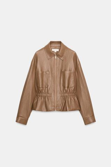 ZARA КУРТКА ИЗ ИСКУССТВЕННОЙ КОЖИ, ЭЛАСТИЧНАЯ ТАЛИЯ, СЕРОВАТО-КОРИЧНЕВЫЙ