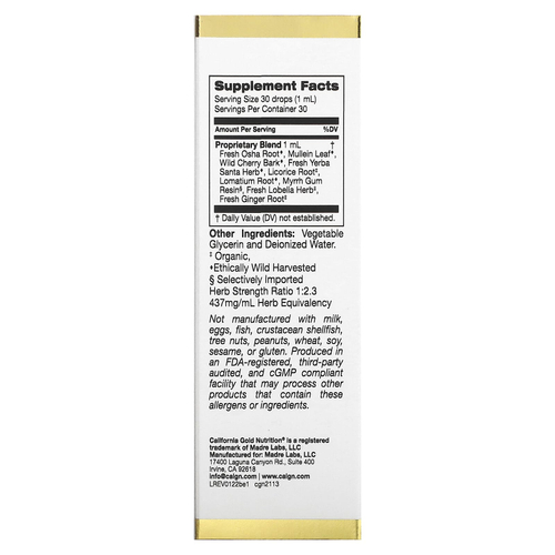 California Gold Nutrition, добавка для здоровья бронхов с запатентованной смесью свежего корня оша, листьев коровяка и коры дикой вишни, 30 мл (1 жидк. унция)